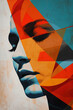 Contemporary art collage. Abstract woman face. Feminine abstraction poster in teal and orange palette. Creative geometric female pattern in cubism style. Concept of beauty, femininity, fashion.