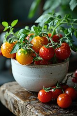 Wall Mural - A white ceramic pot with a thriving cherry tomato plant, vibrant green foliage and ripe red tomatoes.