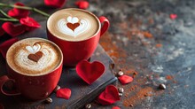 Red Valentine Coffee Latte Cups With Heart Decorations