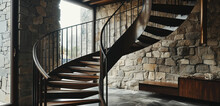 A Minimalist Spiral Staircase With Dark Wooden Steps And Understated Iron Handrails, In A Modern, Open-plan Space.