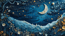 A Paper Quilling Artwork Of A Night Sky With Stars, Constellations, And A Crescent Moon, Paired With A Dark Toile Background Featuring Nocturnal Wildlife Scenes.