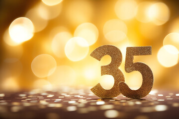 Wall Mural - Golden sparkling number thirty five with bokeh lights. Symbol 35. Invitation for a thirty-fifth birthday party or business anniversary.