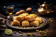 A serving of crispy, sweet baklava pastries, garnished with honey and pistachios, on a rustic wooden backdrop