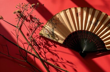 Canvas Print - the paper fan with flowers on red background