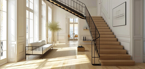 Poster - A simple yet elegant staircase in light wood with clean-lined iron railings, in a modern minimalist home.