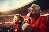 Fototapeta Fototapety sport - Grandfather and grandson at an outdoor football stadium among other fans watching the game
