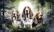 basset hound dogs in a group of 3 facing different of the moon