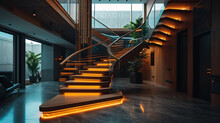 An Elegant, Panoramic Wooden Neon Staircase With A Striking Mix Of Dark And Light Tones, Glass Sides, And LED Strip Lighting Beneath The Handrails, In A Spacious Home.