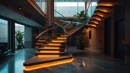 Poster - An elegant, panoramic wooden Neon staircase with a striking mix of dark and light tones, glass sides, and LED strip lighting beneath the handrails, in a spacious home.