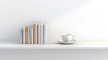 Neat Row Of Books Standing Upright On A White Shelf, With A White Coffee Cup And Saucer Placed To Their Right