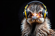Ostrich In Headphones Isolated On Black Background. Listen To Music. Cover For Design Of Music Releases, Albums And Advertising. Music Lover Background. DJ Concept.