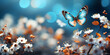Butterfly with blue and white wings speckled with black spots, hovering amidst blossoming flowers under ethereal, bokeh lights.