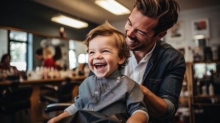 portrait of happy boy child at the haidresser salon sitting in chair