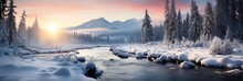 Horizontal Banner Cover Of Snowy Mountain Range In Winter With Frozen River