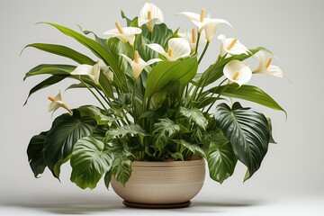 Wall Mural - Beautiful white calla lily flowers in pot on gray background