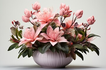 Wall Mural - Pink lilies in a pot on a white background