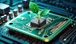 Circuit board with microchip processor technology and plant sprout on blur background. Generative AI