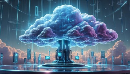 Digital informational technology web futuristic hologram with cloud icon, blue golden light digits and code background, cloud computing. Abstract Motion of digital data flow. Generative AI 