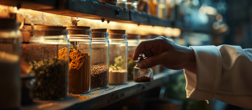 chef's hand selecting organic spices from a rack, visible kitchen elements, soft overhead light creating shadows