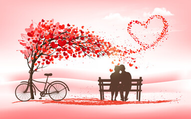 Aufkleber - A Pink Holiday Valentine's Day background. Tree with heart-shaped leaves and bike with couple in love. Vector