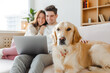 © Maria Vitkovska - Young couple hugging dog, golden retriever, using laptop, online shopping, sitting on sofa at home