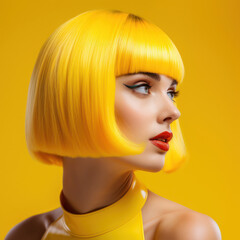 a model with a vibrant yellow bob hairstyle, giving off a bold and stylish look, complemented by the vivid yellow background for a monochromatic effect.