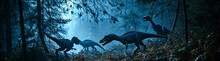Dilophosaurus Pack, Hunting At Night, Moonlight Filtering Through Trees, Shadows And Contrast, Night Vision Style