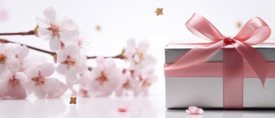 Wall Mural - A gift box with a pink ribbon tied to it. Spring, springtime background, Mother's day greeting card.