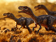 Velociraptors hunting in a pack, golden hour lighting, stalking a herd of herbivores across a savannah