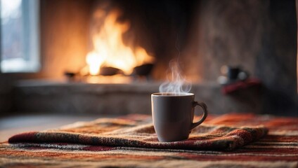 Wall Mural - Blurred Fireplace, Hot Cup of Coffee, Hot Chocolate or Tea Standing on Blanket