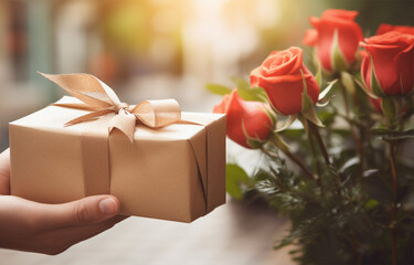 Wall Mural -  hand holding a wrapped gift with a bouquet of roses on a blurred background, copy space