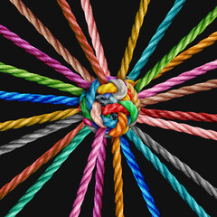Leinwandbilder - Integration concept and Integrated Collaboration or Collective Effort and Unity with teamwork concept as a business metaphor for joining a partnership synergy and cohesion as diverse ropes connected t