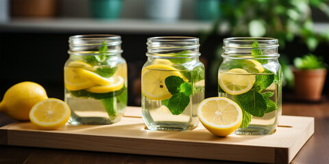 glass with refreshing lemon drink and mint on wooden table