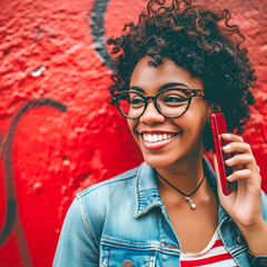 Poster - African American smiling young woman talking on cell phone while leaning against red abstract wall.