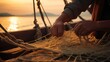 Golden Dawn: Masterful Hands Weave the Threads of Tradition on a Fishing Boat Deck