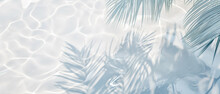 Top View Of Tropical Leaf Shadow On Water Surface. Shadow Of Palm Leaves On White Sand Beach. Beautiful Abstract Background Concept Banner For Summer Vacation At The Beach.