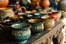 An array of vivid ceramic mugs and bowls on exhibit at a bustling market, highlighting the region's rich pottery heritage and artistic craftsmanship