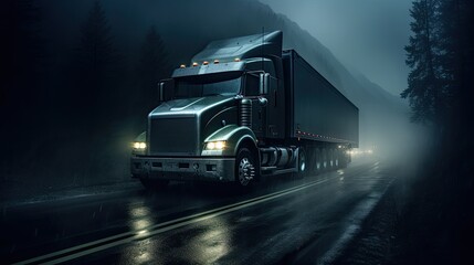 Headlights of a large semi truck on a road during a foggy, rainy night