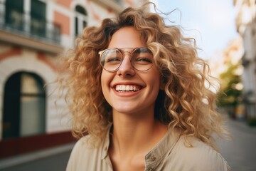 Happy lady with glasses posing on street in city.