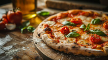 A Classic Italian Pizza On A Wooden Plate.