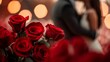 Passionate Love Blossoms: Enchanting Red Roses Frame a Blissful Couple's Tender Kiss