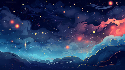 Cartoon illustration stylized background of a beautiful starry sky and bright galaxy