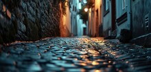 A Picturesque Old Town Alley At Dusk, Neon Old Town Twilight Grey Veins In The Cobblestone And Walls, Offering A Historic Monochromatic Old Town Twilight Grey View, Distant Alley End Softly Blurred