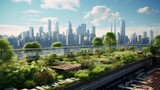 Fototapeta Londyn - City Oasis: Transforming Rooftops into Vibrant Urban Farms - A Captivating Stock Image of a Skyscraper's Rooftop Transformed into a Lush Green Haven amidst the Bustling Cityscape