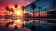 Serenity in the Concrete Jungle: Captivating Glass Office Building Embraces Vibrant Sunset Hues, Palm Tree Silhouettes Add Tropical Flair