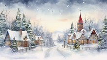 Magical Watercolor Winter Town Scene, Cottagecore