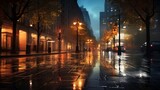 Fototapeta Londyn - City Symphony: Captivating Rainsoaked Streets Illuminate Urban Nightscape with Mesmerizing City Lights