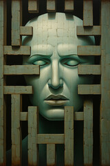 Wall Mural - A surreal oil painting captures a man's face lost within a mind maze.