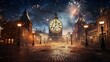 Timeless Splendor: Ancient Clock and Modern Fireworks Illuminate Historic City Square, Capturing the Essence of Time's Endless Dance