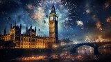 Fototapeta Big Ben - Midnight Majesty: Captivating Clock Tower Illuminated by Dazzling Fireworks, Reflecting in Serene River